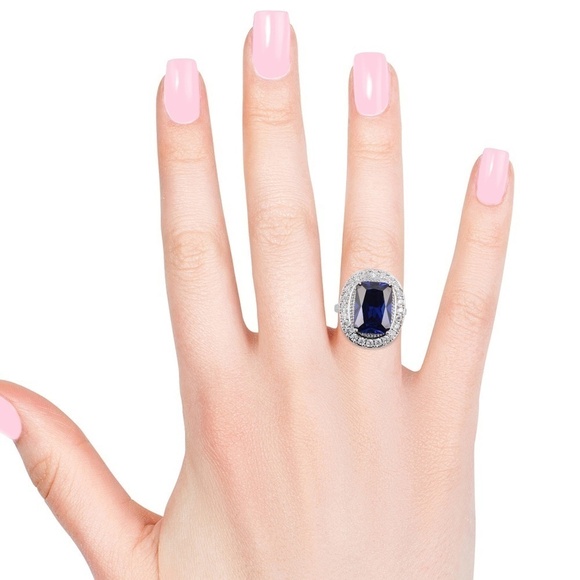 Simulated Tanzanite and White Diamond Emerald Cut Princess Ring - Picture 3 of 3